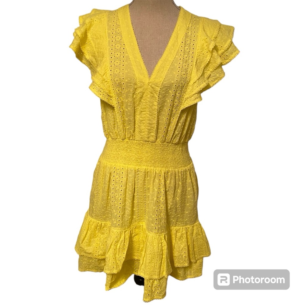 POUPETTE ST BARTH BLOOMINGDALES DRESS MINI YELLOW EYELET V-NECK SIZE M